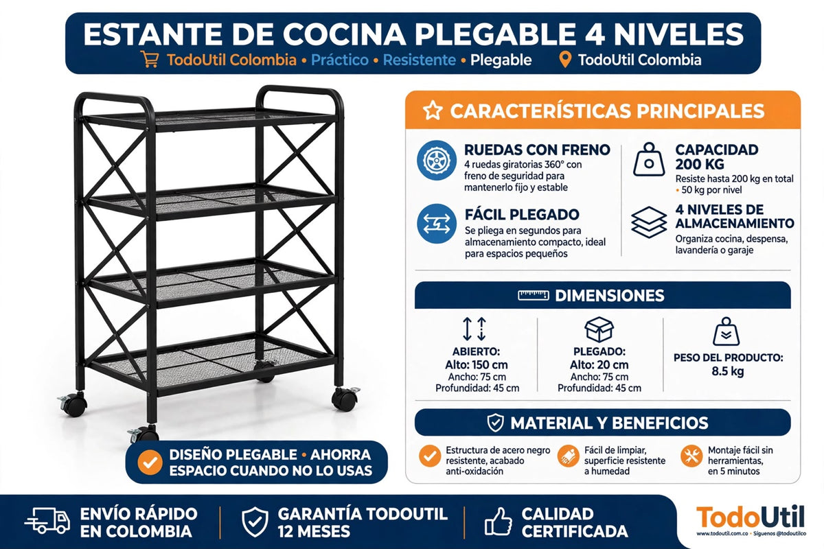 Estante Organizador Plegable 4 Niveles con Ruedas - Cocina y Almacenamiento